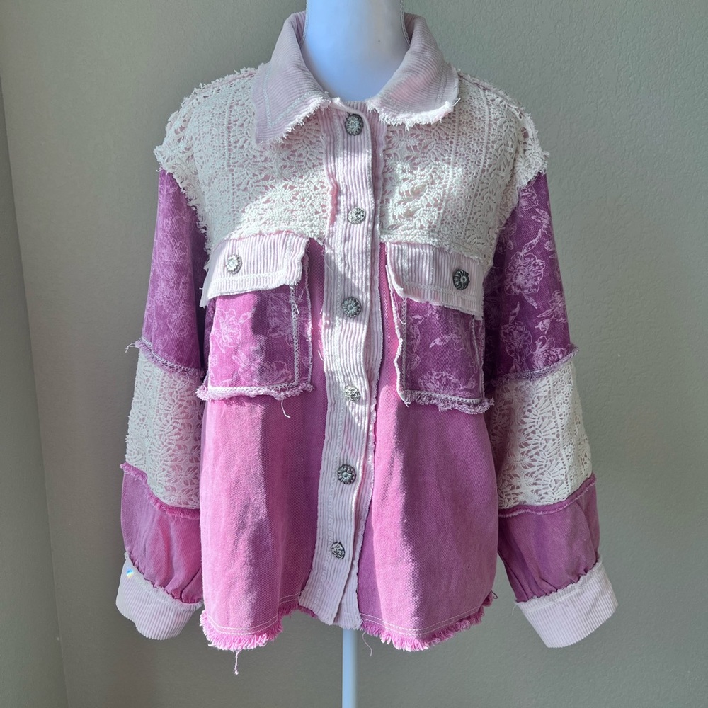 POL Lace Corduroy Floral Frayed Denim Jacket Sz Small (oversized) NWOT - Picture 5 of 16